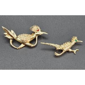 Vintage-Road Runner Bird Rhinestone Gold Tone-Pin Brooch-Set of 2